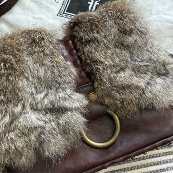 Frye Roxanne Rabbit Fur Genuine Leather Stud Studded Crossbody Bag Purse Brown • - Picture 3 of 12